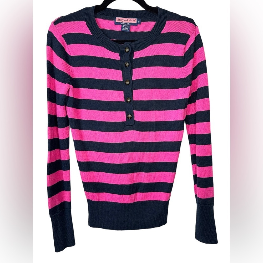 Vineyard Vines S Striped V-Neck Preppy CASHMERE Blend Pink Navy Henley Sweater - Picture 3 of 12